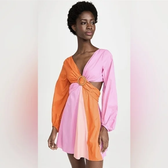 Staud Gulf A-Line Cutout Dress in TANGERINE/ GRAPEFRUIT/ PETAL Size 4 - Picture 3 of 12